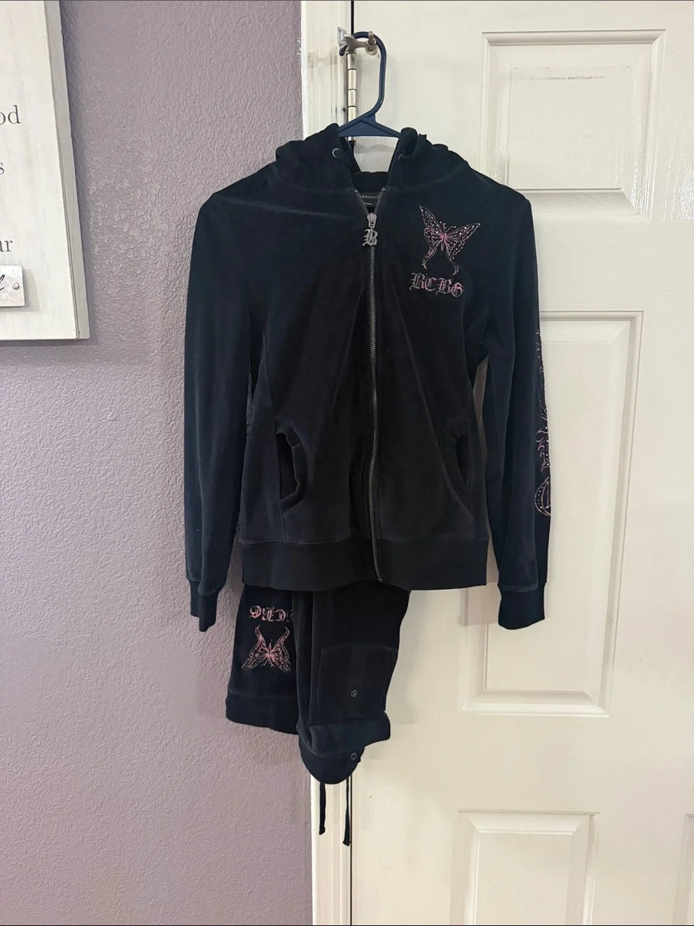 BCBGMaxAzria Black Velour Hoodie & Flare Joggers with Pink Butterfly Detail